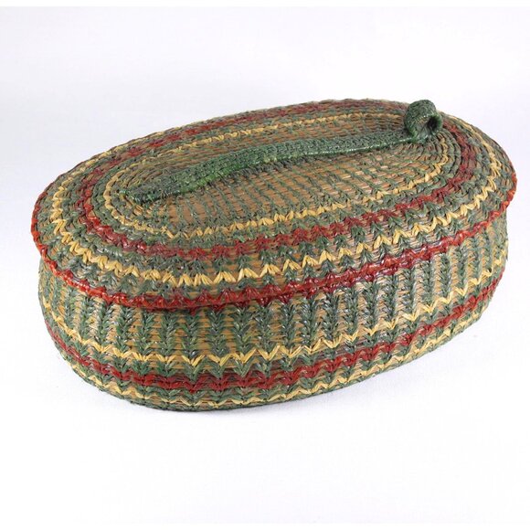 Vintage woven pine needle basket, natural fibre arts sewing basket, lidded - Picture 1 of 10